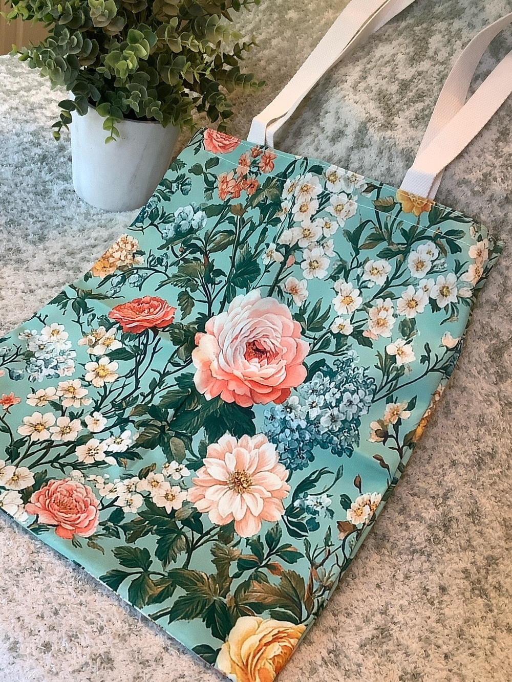 Peach teal Mint Baroque Floral Polycanvas Tote Bag NWT unbranded 15.75”x13.50”